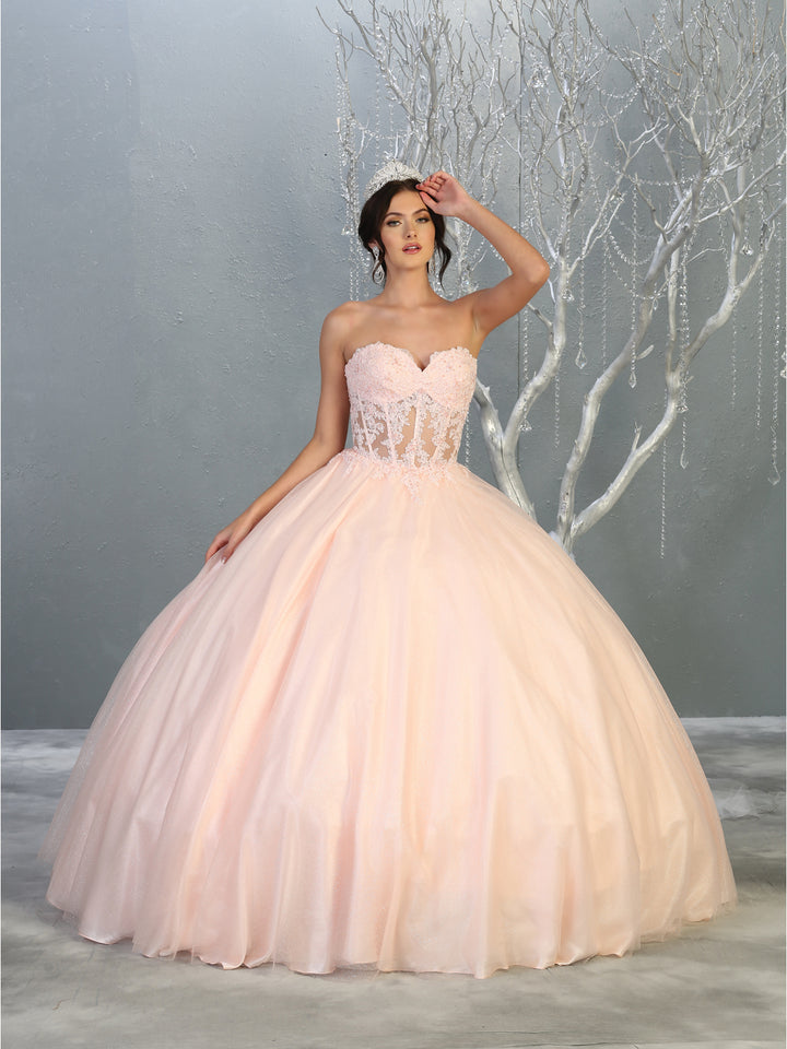 LK141 Vestido de Gala de Quinceañera con Escote Corazón sin Tirantes y Aplicaciones Florales