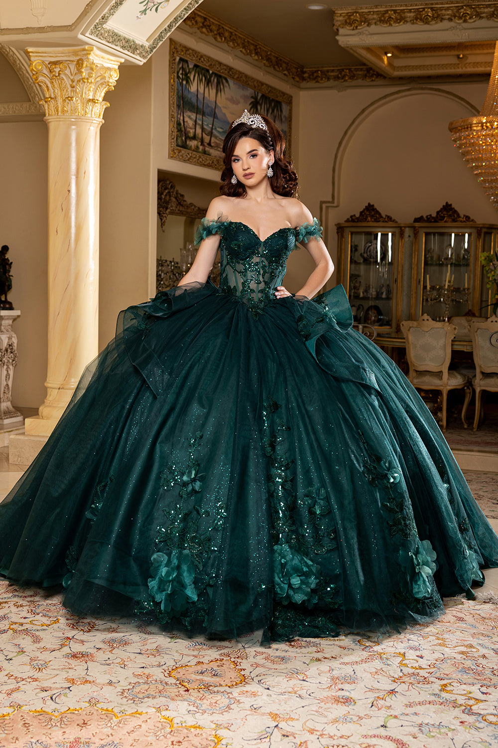 May Queen LK270 - Floral Applique Illusion Corset Ballgown