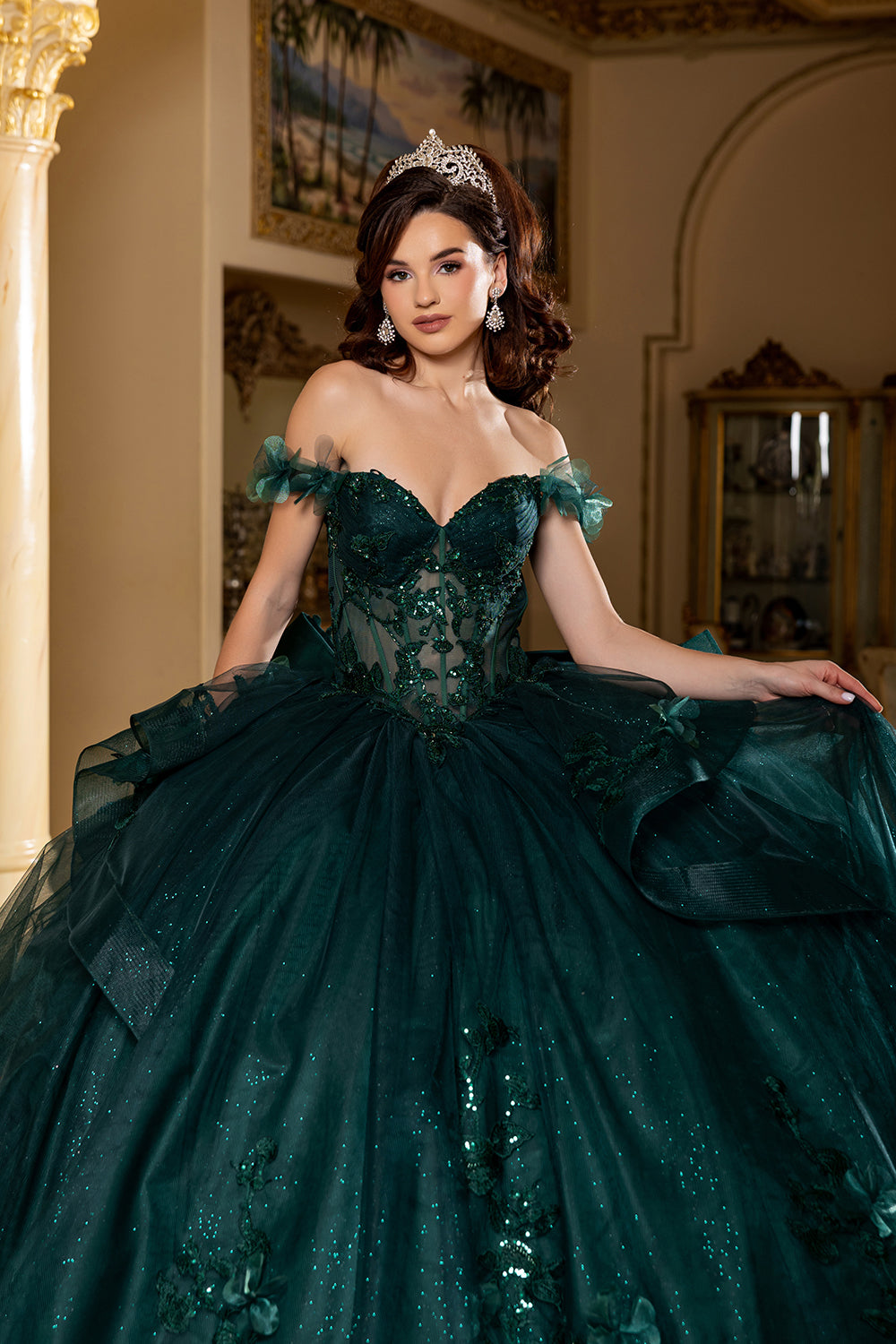 May Queen LK270 - Floral Applique Illusion Corset Ballgown