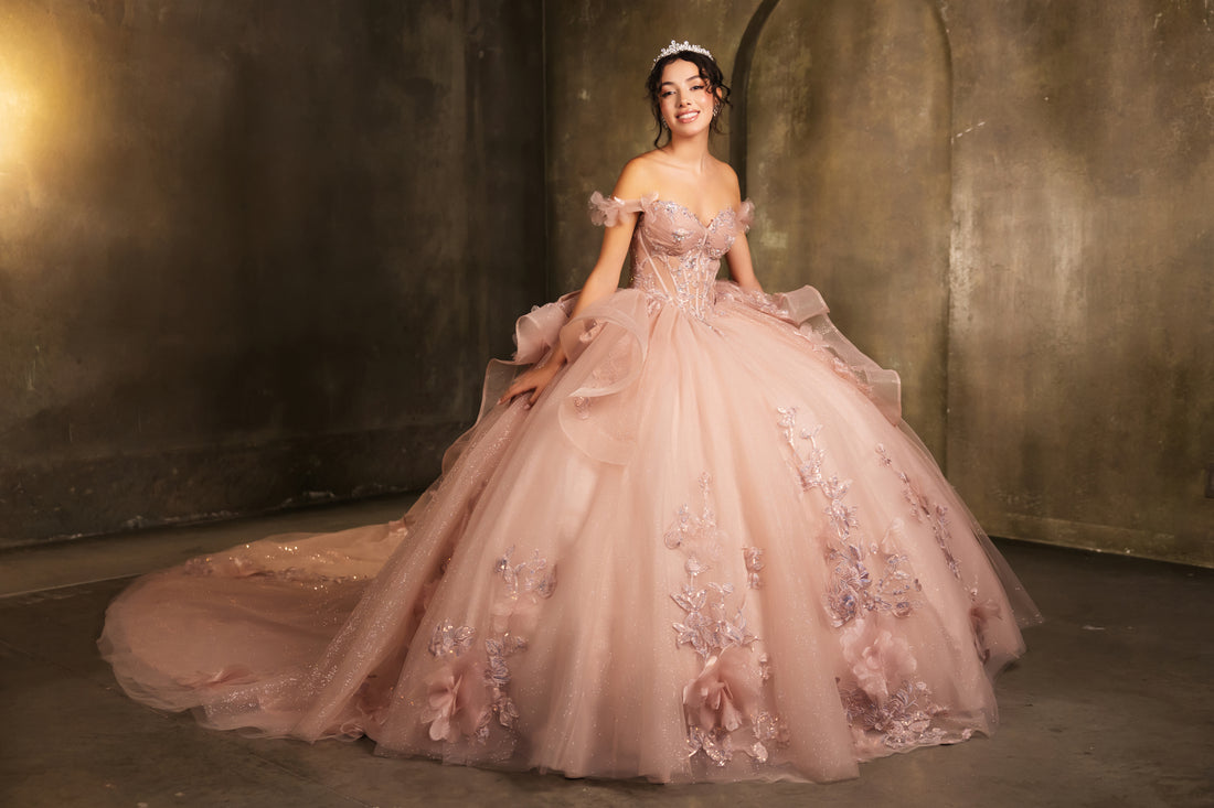 May Queen LK270 - Floral Applique Illusion Corset Ballgown