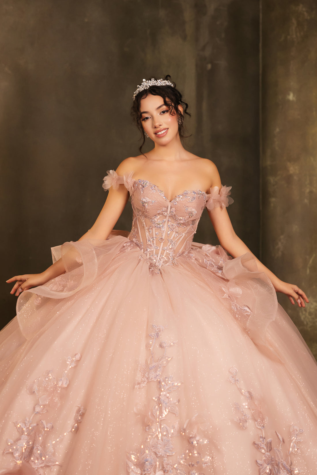 May Queen LK270 - Floral Applique Illusion Corset Ballgown