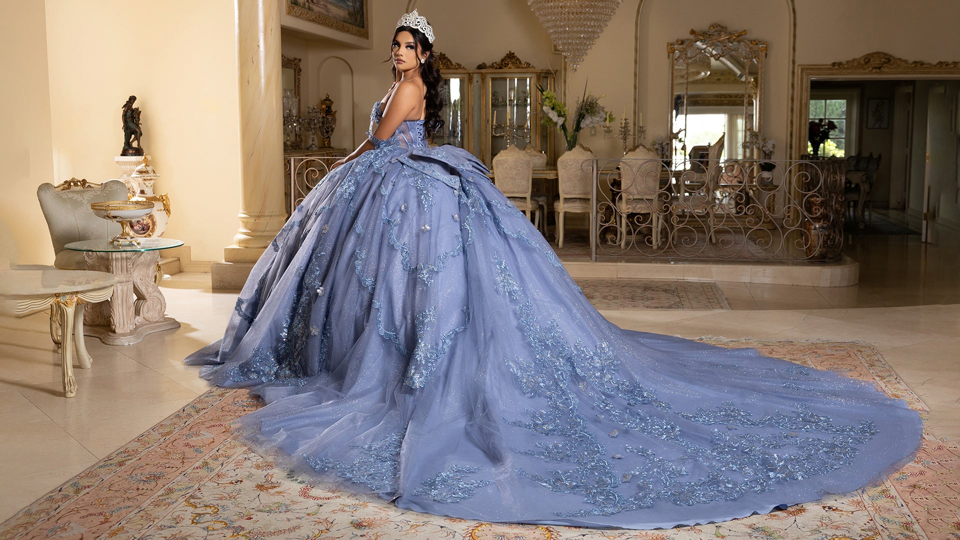 May Queen LK283 - Plunging V-Neck Embroidered Ballgown