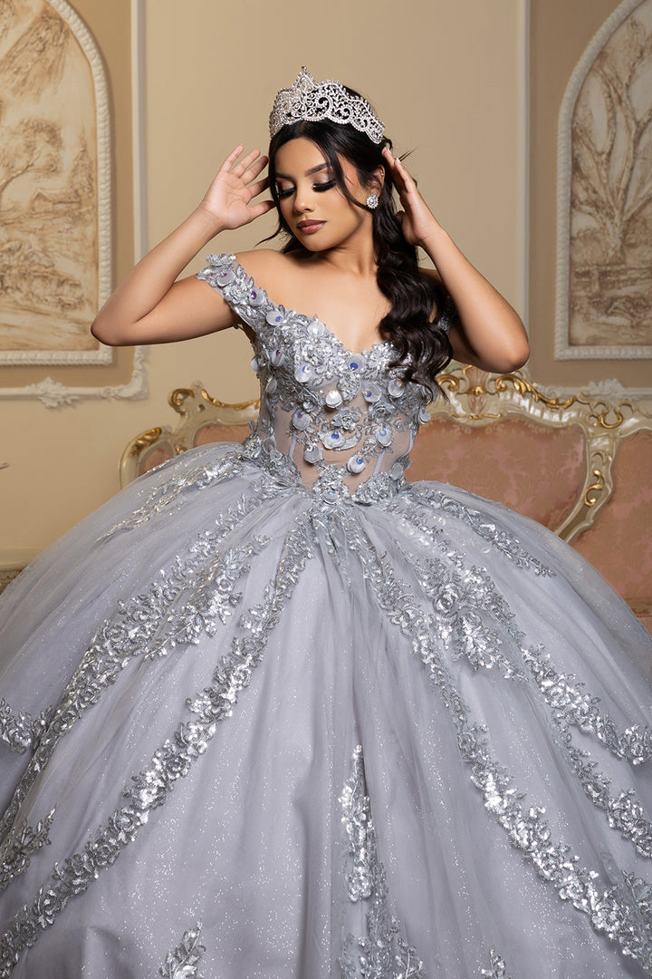 Vestido de Gala de Quinceañera LK285 con Lentejuelas Florales, Escote Corazón y Hombros Descubiertos