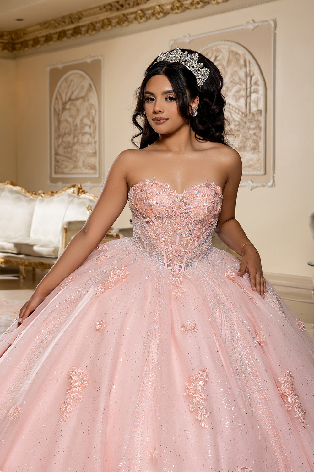 LK288 Vestido de Gala de Quinceañera con Corsé sin Tirantes, Escote Corazón y Cuentas