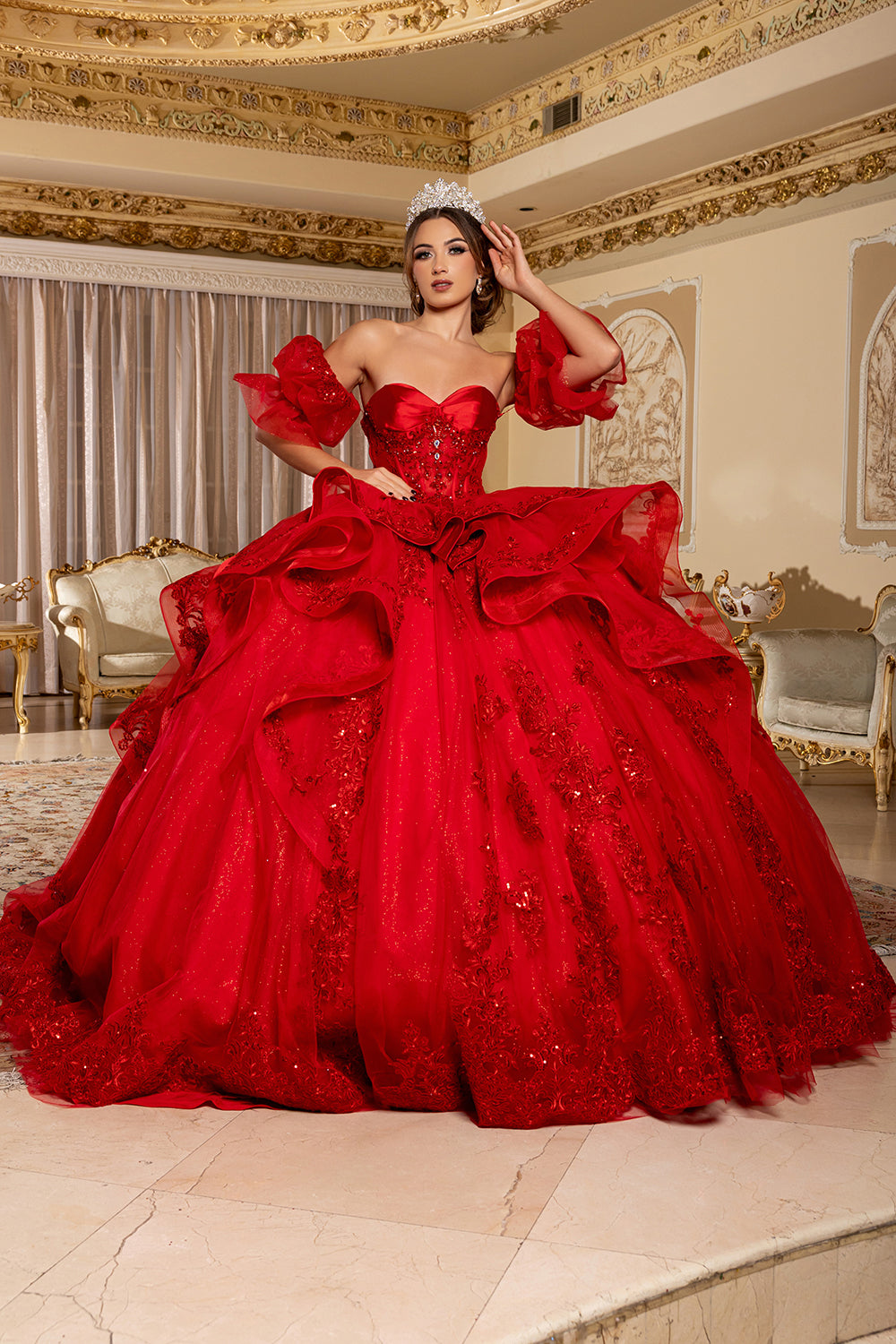 May Queen LK289 - Puff Sleeve Embroidered Applique Ballgown