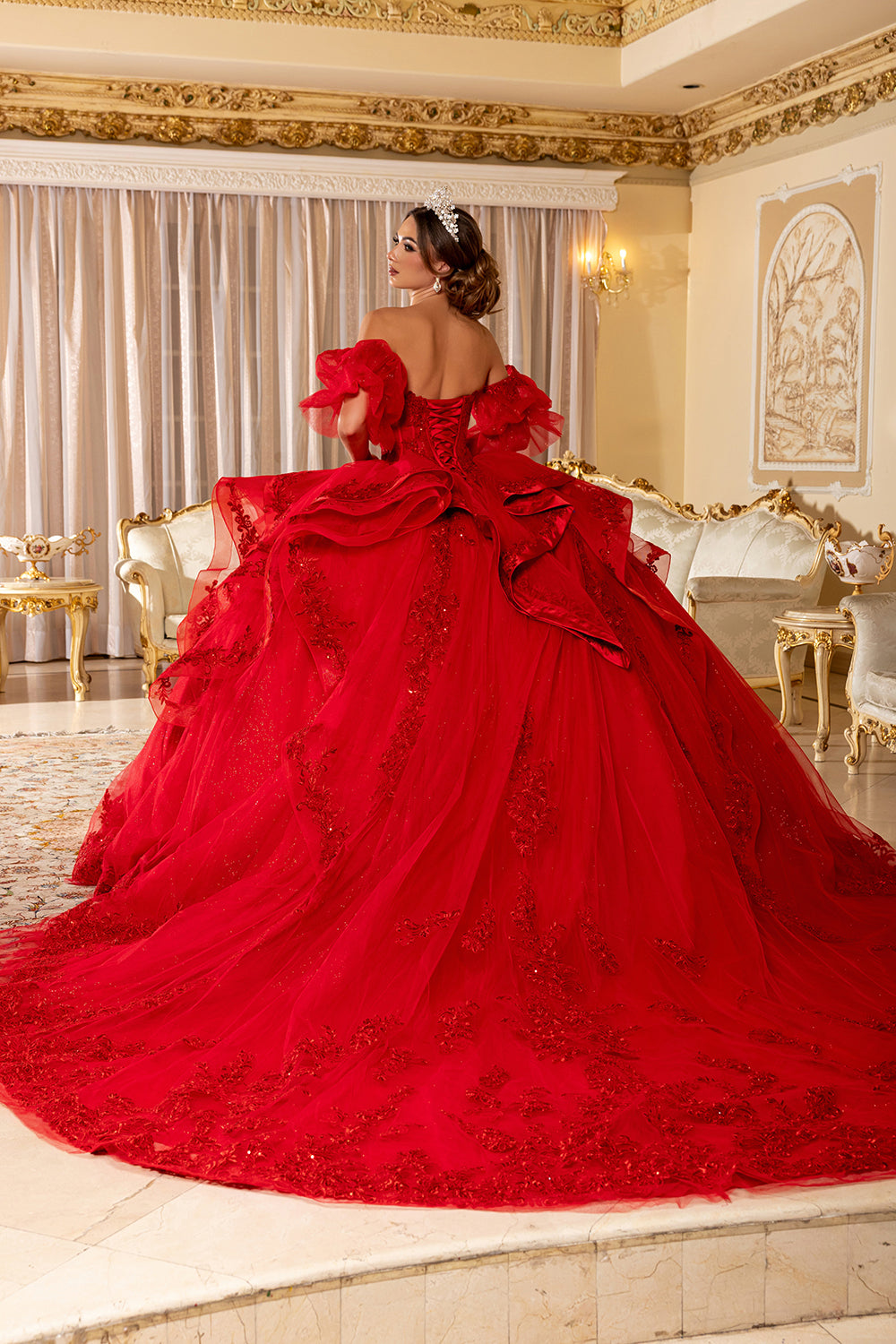 May Queen LK289 - Puff Sleeve Embroidered Applique Ballgown