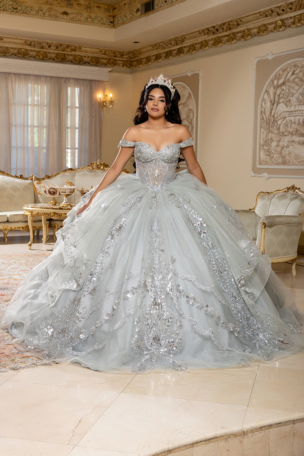 May Queen LK293 - Off Shoulder Layered Lace Applique Gown