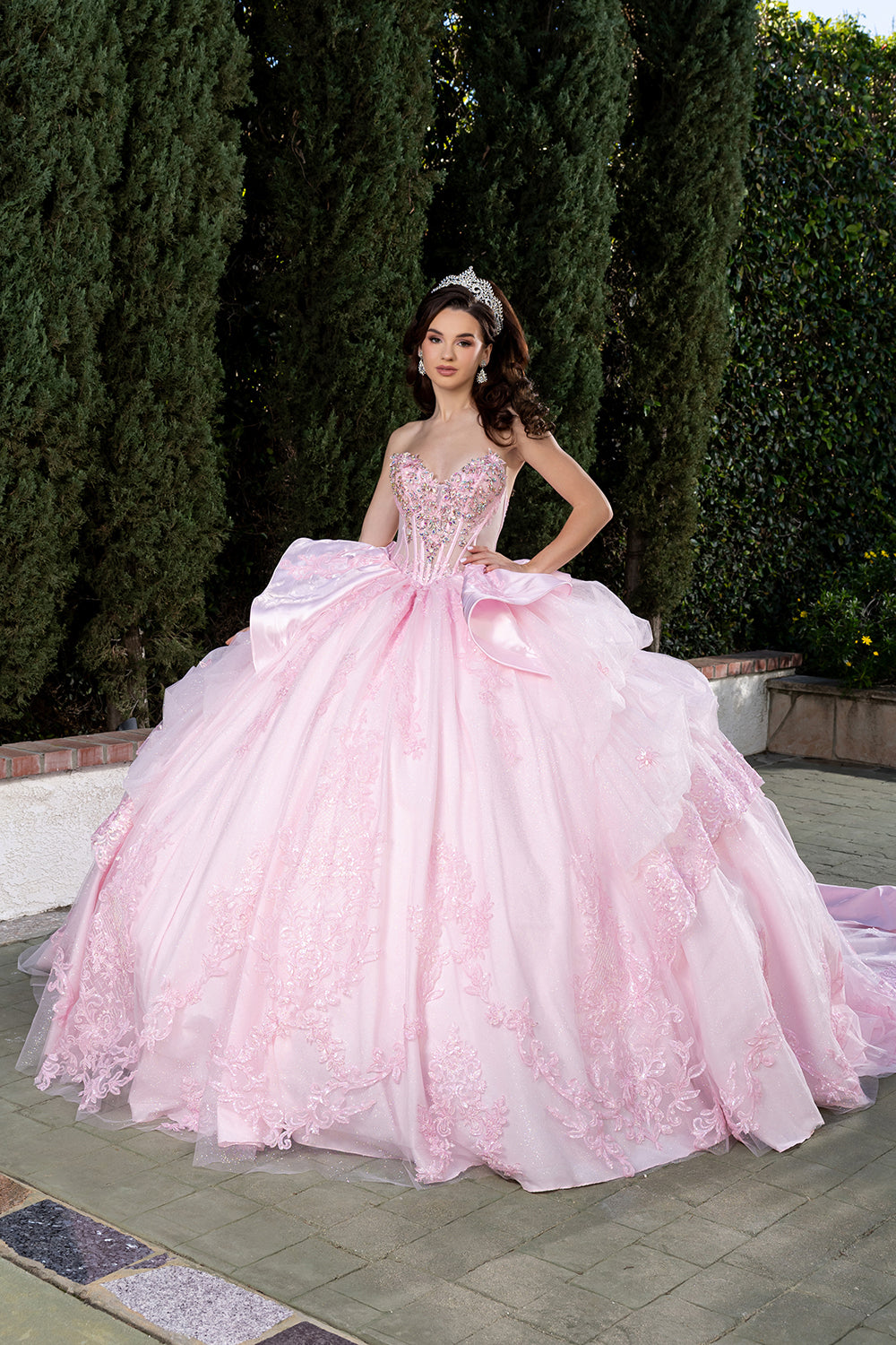 LK299 Vestido de fiesta de quinceañera con corsé y mangas transparentes
