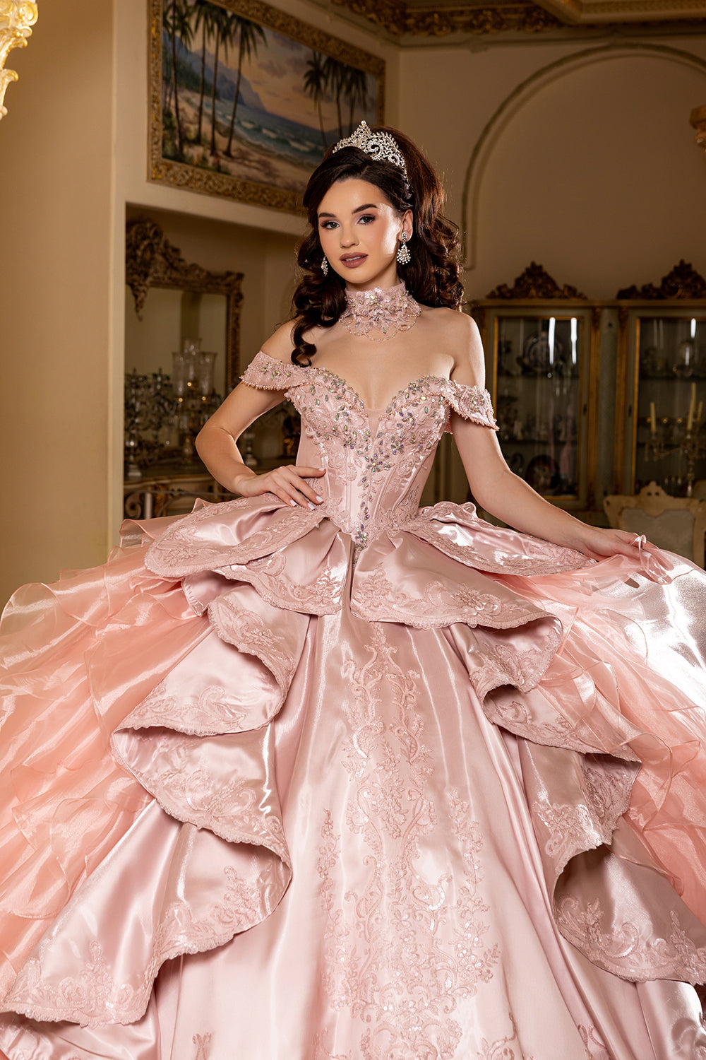 Vestido de fiesta de quinceañera LK300 con volantes, escote corazón y hombros descubiertos