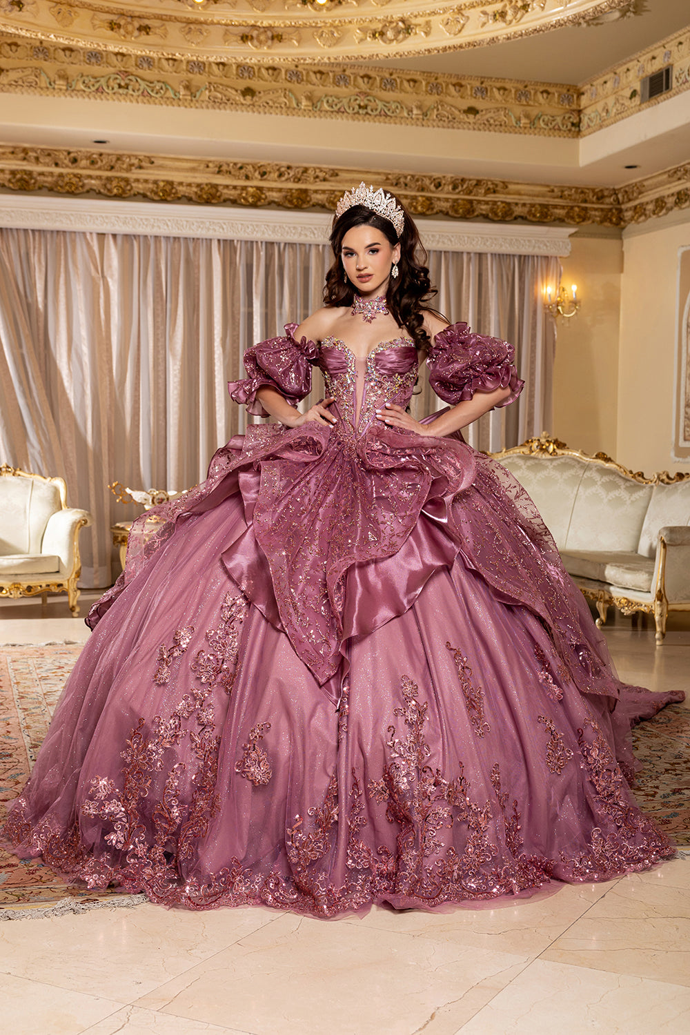 LK310 Vestido de gala de Quinceañera con corsé y mangas abullonadas