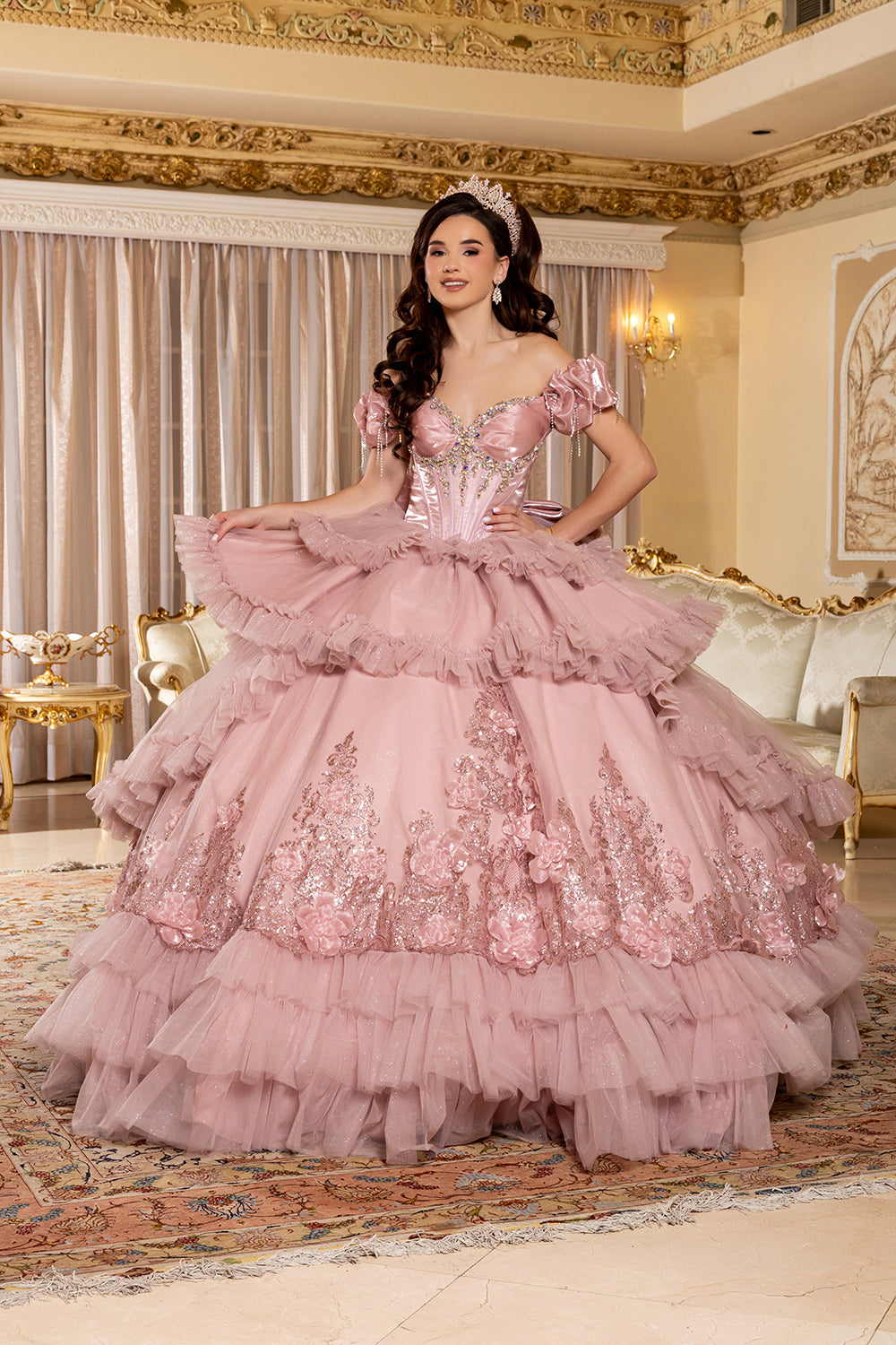 Vestido de Gala de Quinceañera LK312 con Volantes, Escote Corazón y Hombros Caídos