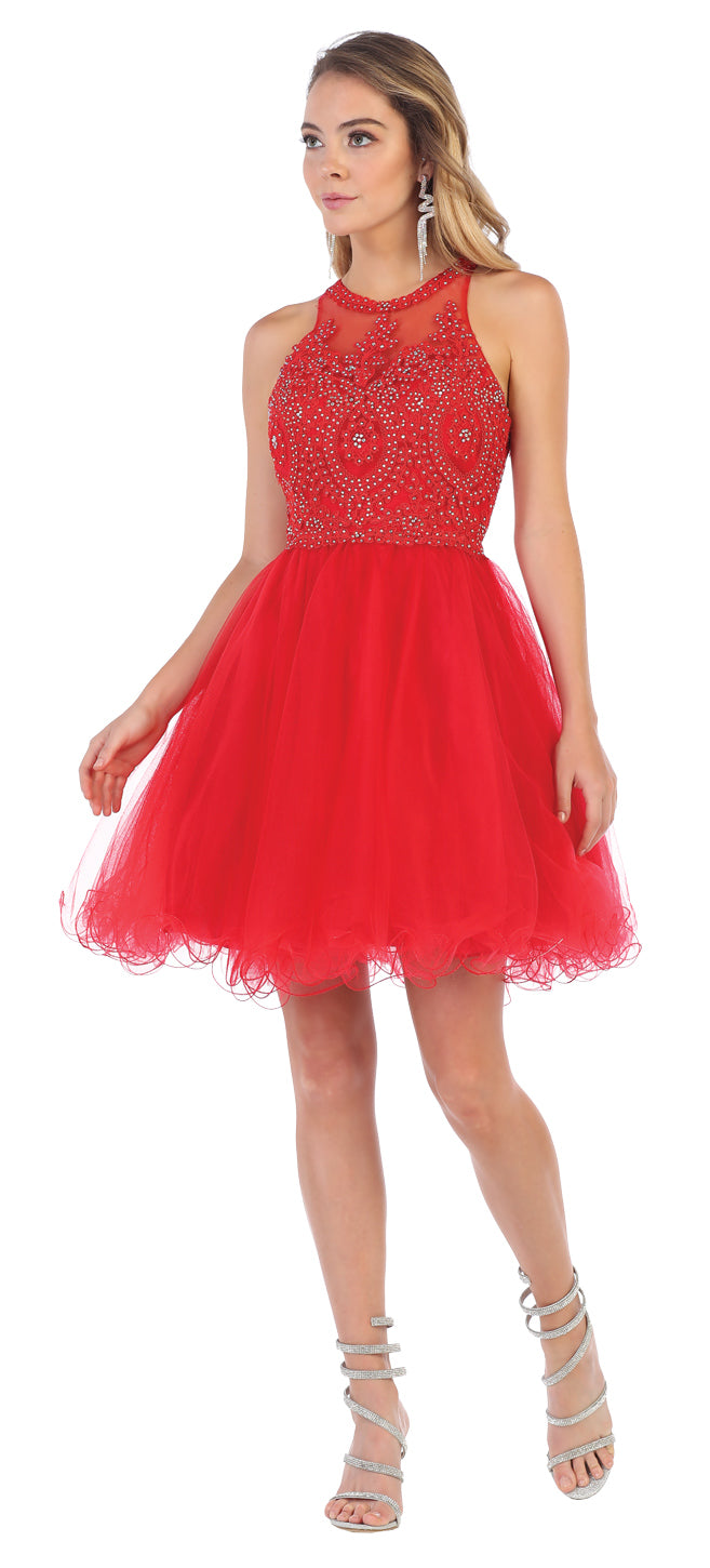 May Queen MQ1643 - Lace Applique Jewel Neck Sleeveless Cocktail Dress