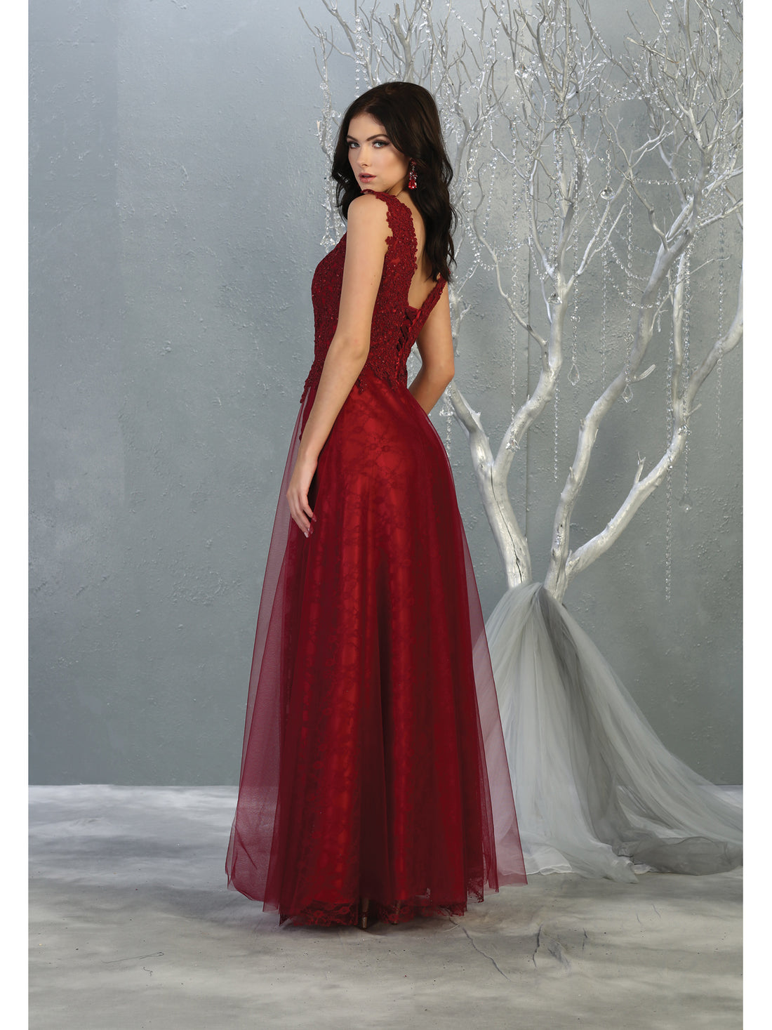 May Queen MQ1799B - Embroidered V-neck A-line Dress