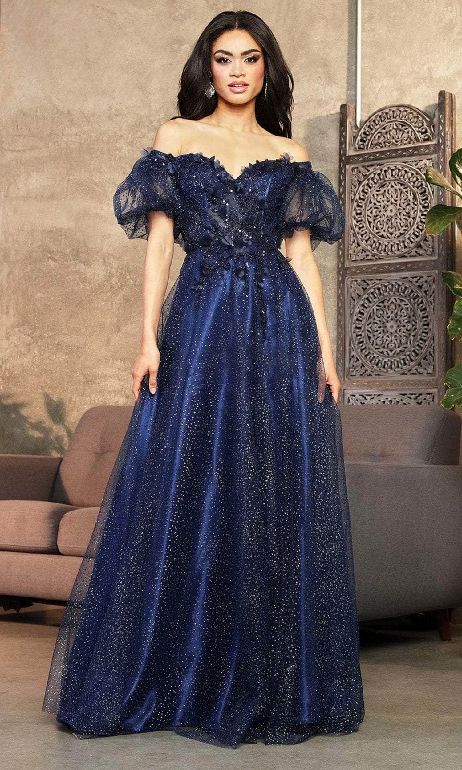 May Queen MQ2033 - Puff Sleeve A-Line Evening Dress